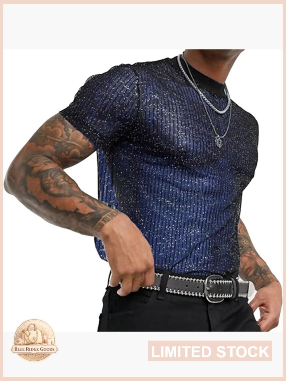 Men's Glitter Mesh Undershirt Sheer See Through Lace Short Sleeve T-Shirt